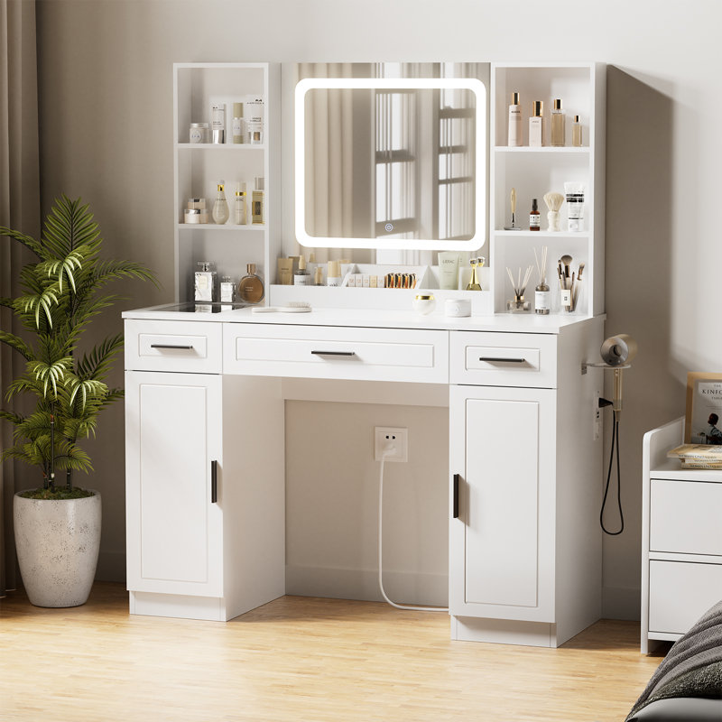 Meuble-lavabo de maquillage avec miroir lumineux à 3 couleurs et prise de courant