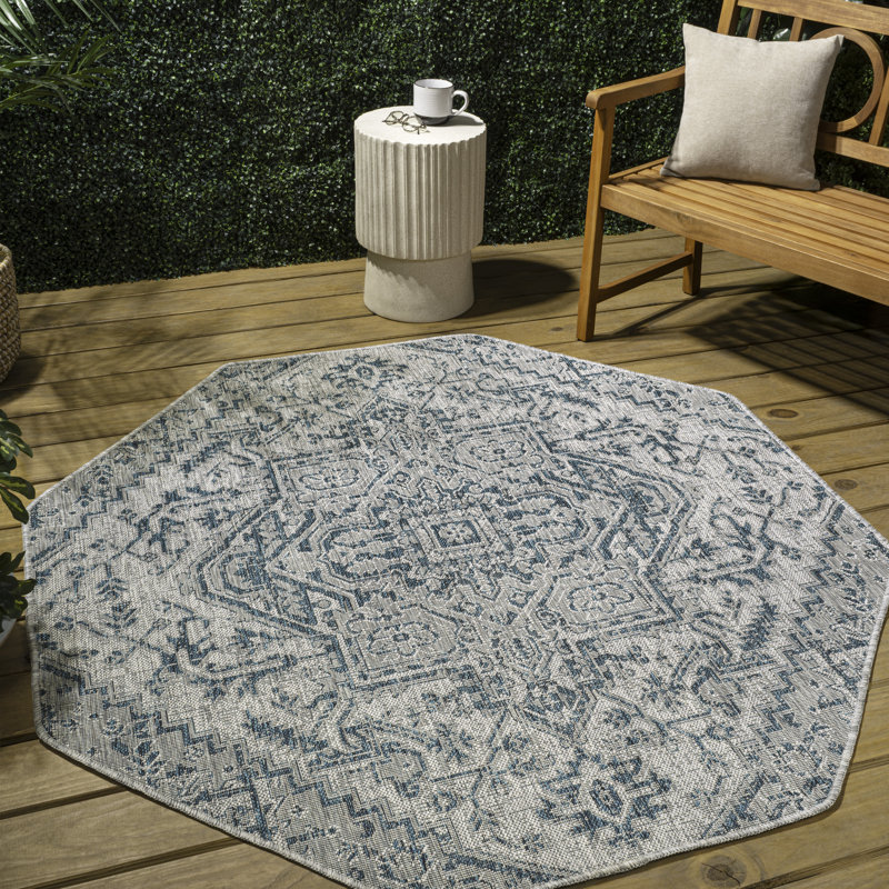 Truman Bohemian Medallion Textured Weave Teal/Gray Indoor/Outdoor Rug, Octagon 7'9"