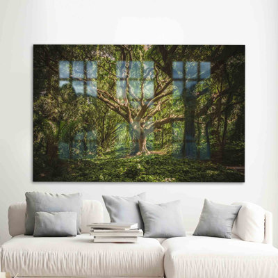 Stunning Glass Wall Art Featuring Lush Green Forest Scene Ideal for Nature Lovers Seeking Unique Tree Themed Home Decor