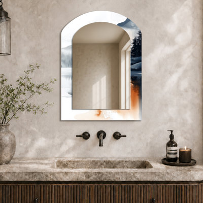 Gray Farmhouse Arched Metal Wall Mirror – Nature Reflection in Mist I, Metal Print