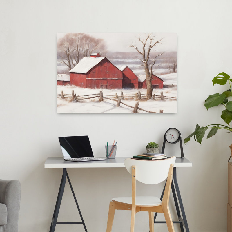 "Bundled Up Barns", art contemporain contemporain de paysage d'hiver, H 24 po x l 36 po
