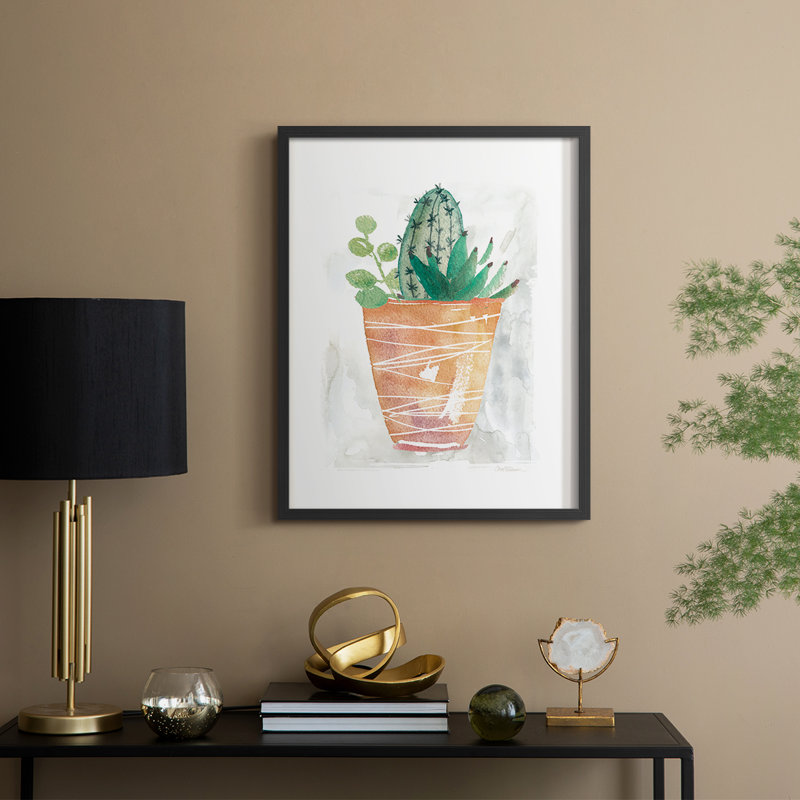 Boho Cactus, reproduction encadrée - bois massif, Noir, noir, noir, noir, H 21 po x l 17 po