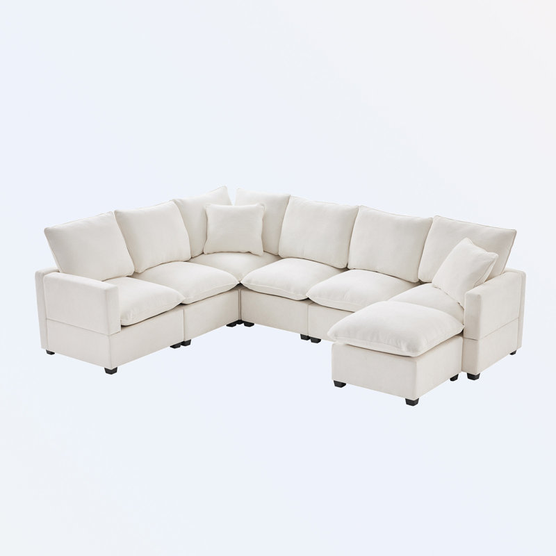 Illyas Upholstered U-Shaped Sectional Reversible, White Chenille