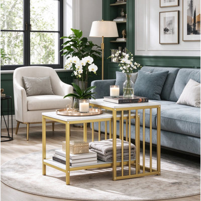 Gold Tone Nesting Table Set, Marble Effect Surfaces, Stylish Stackable Side & Coffee Tables for Home Decor
