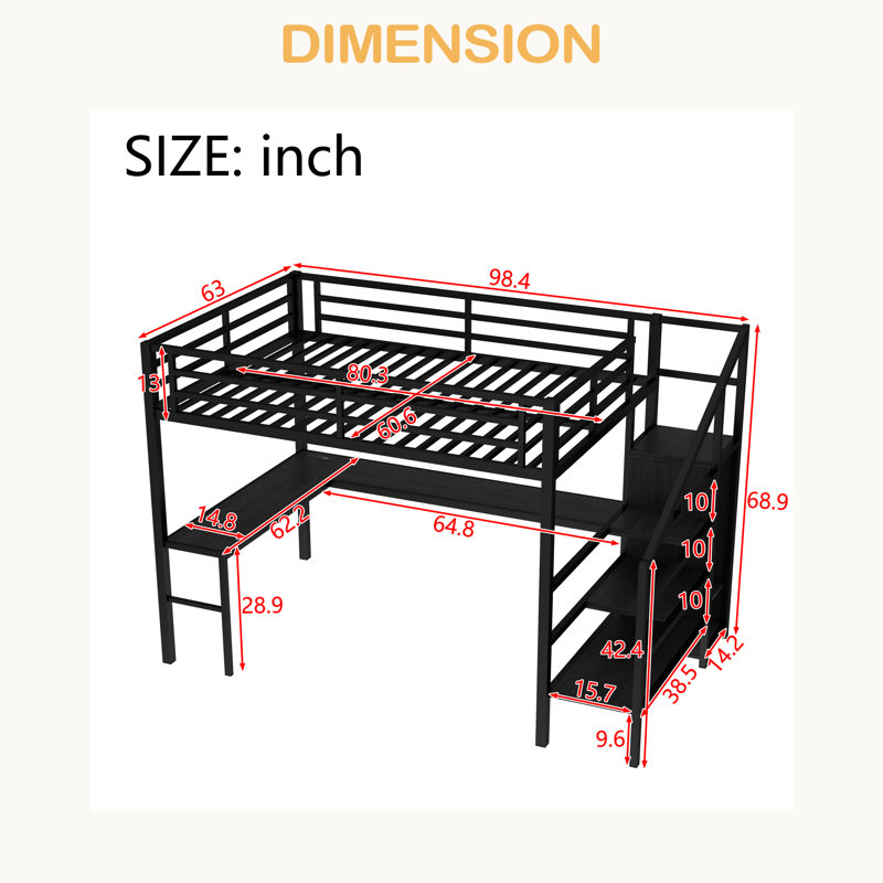 Queen Size Loft Bed With L-Shaped Desk And USB, Metal Loft Bed With Wardrobe And Adjustable Shelf