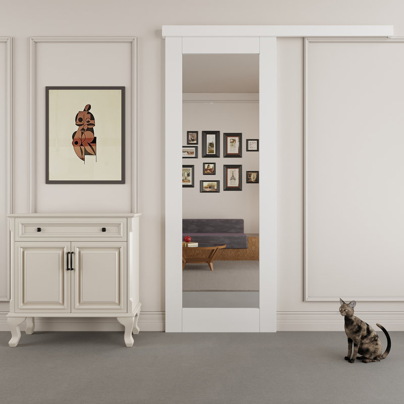 80" Hidden Style Track White Primed 1-Lite Glass Mirrored Sliding Barn Door With Hardware Kit(No Assembly Required)
