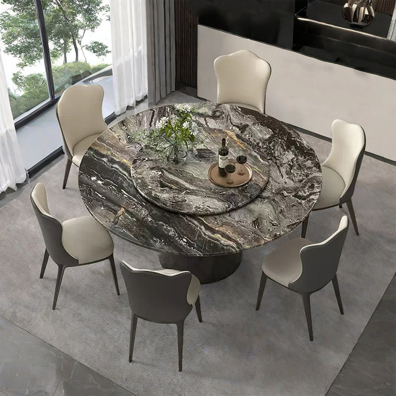 Modern simple marble round dining table set, 29.52"H x 51.18"L x 51.18"W, 7 Pieces: Table, 6 Chairs