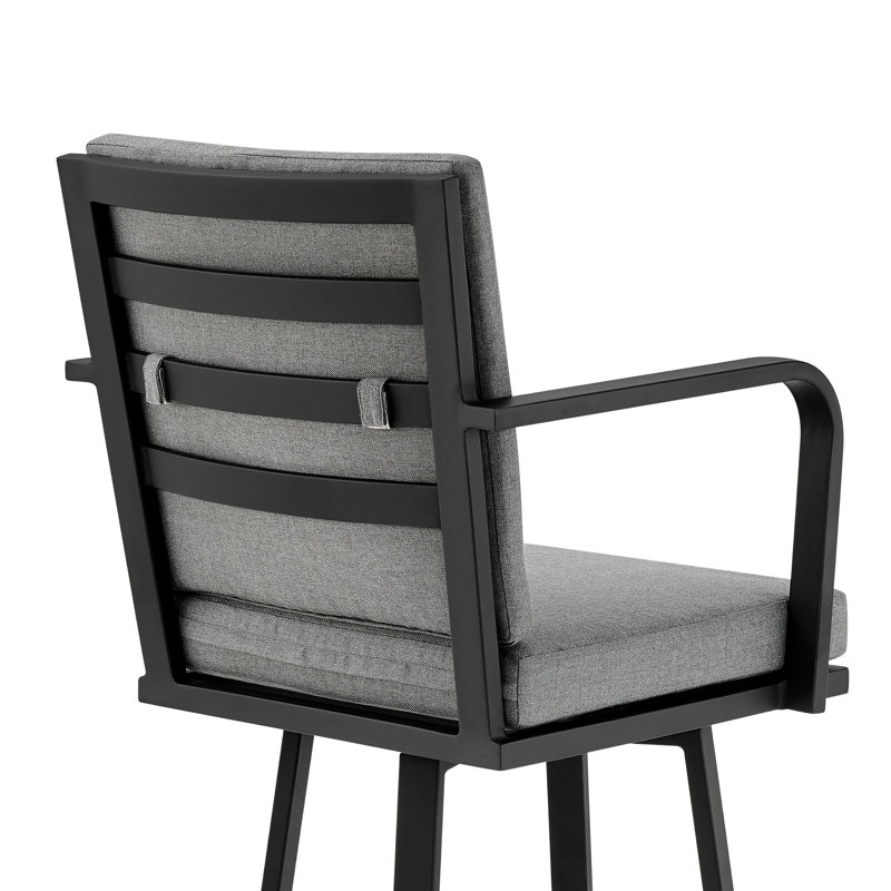 Cemalettin Aluminum Outdoor Stool with Cushion, Gray, Black, 26"