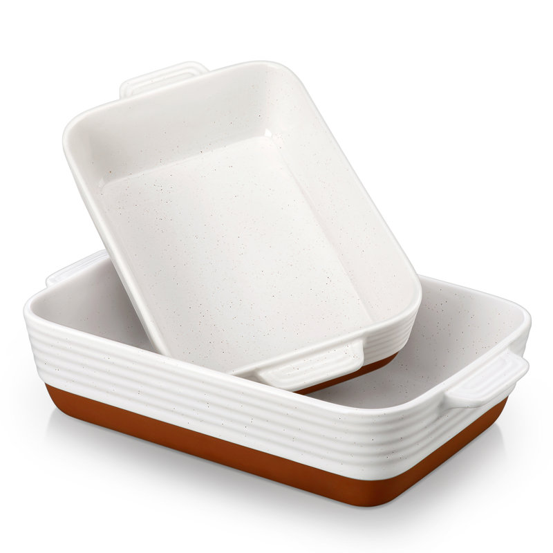 2-Piece Sesame Glaze Two-Tone Ceramic Baking Dish Set, Khaki & Cream Casserole Pans for Oven-to-Table Serving