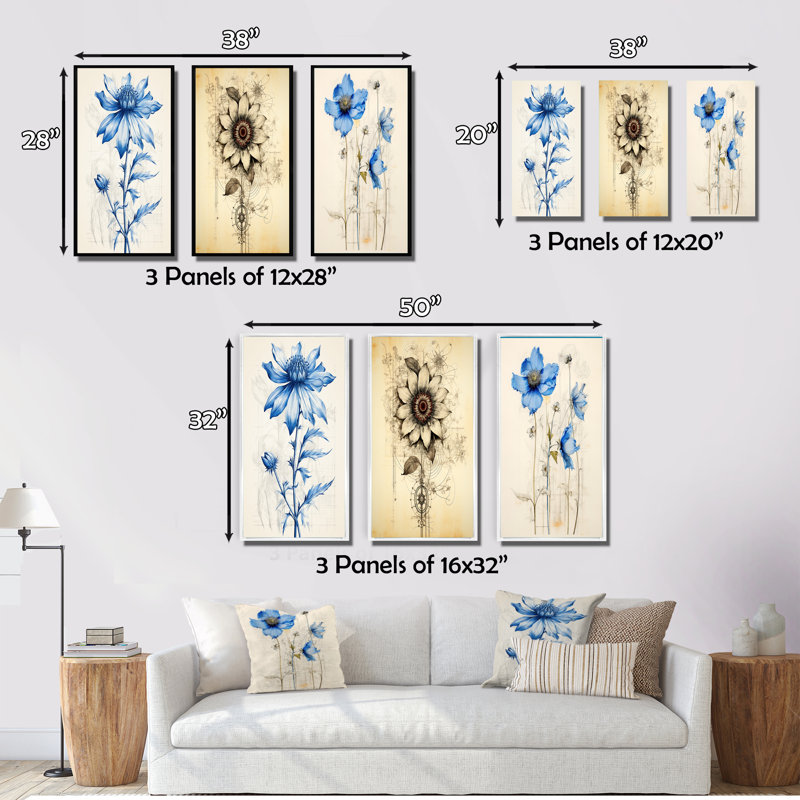«Illustration rétro de marguerite bleue», 3 pièces, H 32 po x l 48 po, Toile tendue