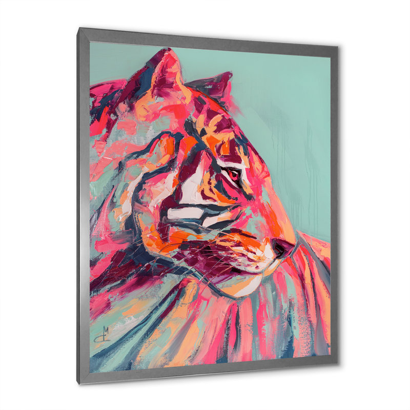Œil de tigre rose, coup de peinture - peinture, Impression encadrée, H 36 po x l 24 po, Argent