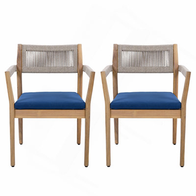 Braided Acacia Wood Outdoor Dining Chairs Set of 4 – Teak Look with Beige Rope & Navy  Cushions,All-Weather Patio Furniture for Garden, Poolside, and Backyard (Durable & Stylish)