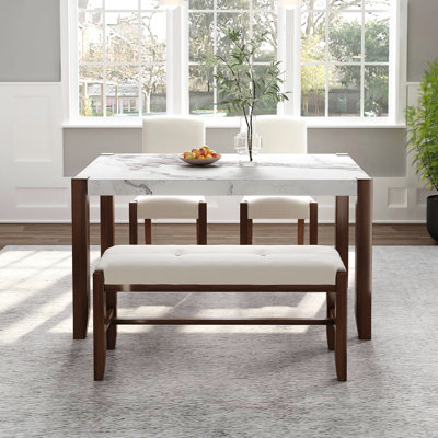 Ensemble de mobilier de salle à manger moderne 4 pièces, coin repas pour 4 personnes pour la cuisine, table de style faux marbre de 46 po et 2 chaises et banc rembourrés avec pieds en bois