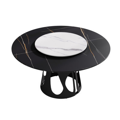 Table de salle à manger ronde 57,69 "avec base en métal noir et plateau en pierre frittée, 6-8 places, table tournante blanche 31,5", table élégante, base en fer, ignifuge