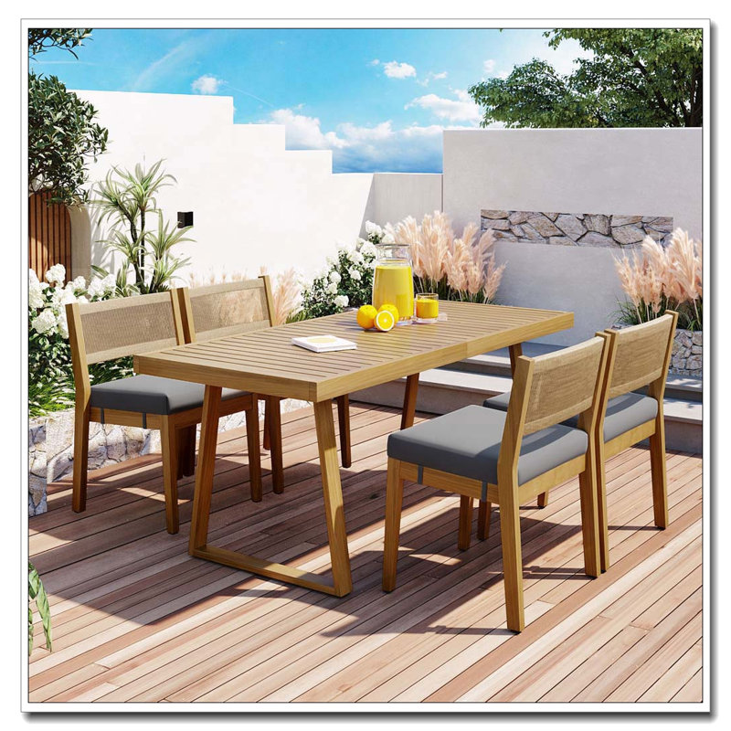 Ensemble repas 7 pièces d'extérieur en bois d'acacia avec coussins épais, Gris