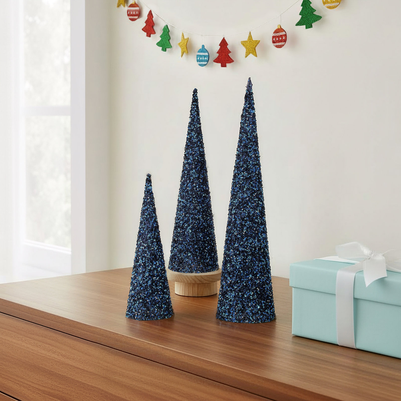 Shaded Sequin Cone Tree Set of 3, Midnight Blue