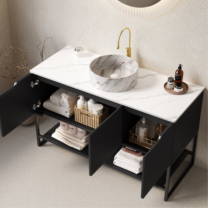 Meuble-lavabo 48 po, meuble de rangement autoportant avec 3 portes et tablette ouverte, lavabo rond en céramique blanc brillant avec motif en pierre et plateau en pierre frittée blanc de Carrare, noir