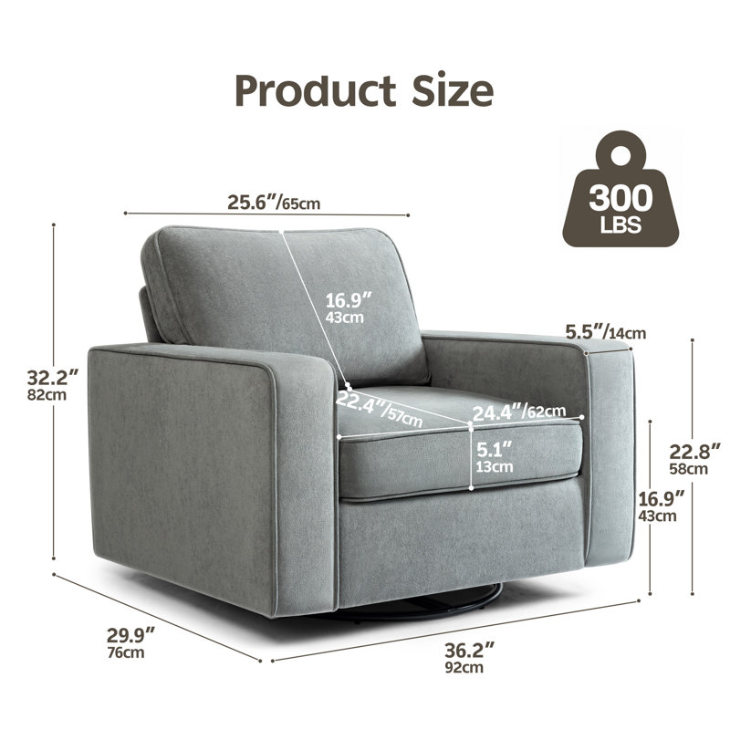 Fauteuil pivotant rembourré de 36,2 po de largeur, Tissu gris