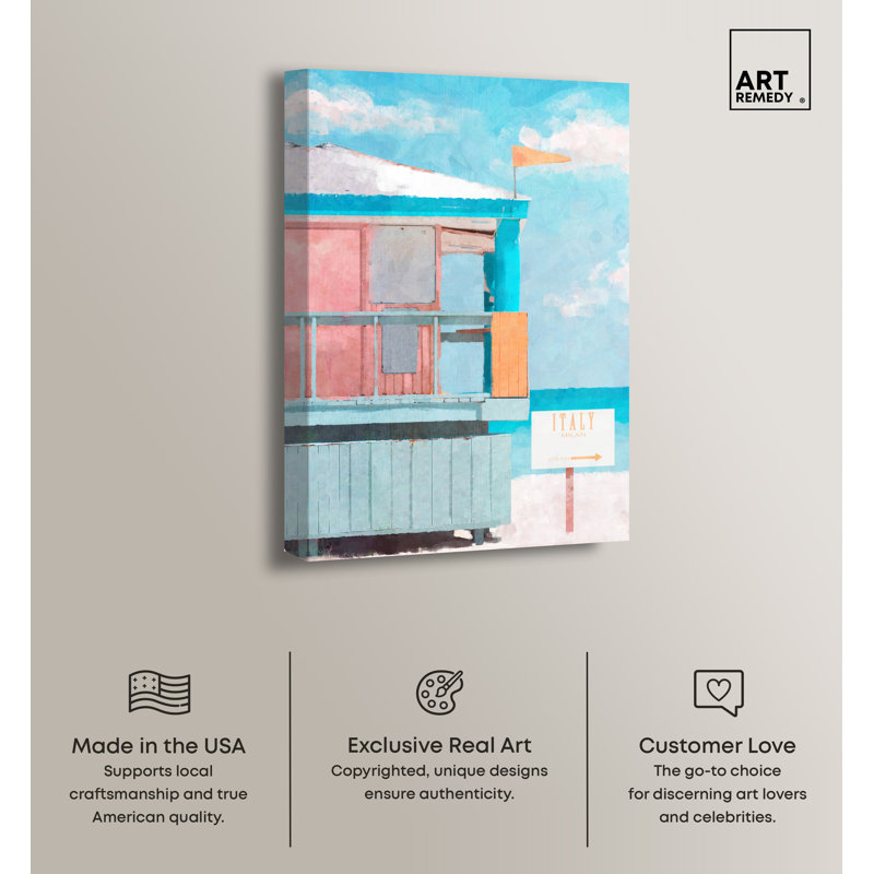 Art mural d'inspiration italienne «Lifeguard House Beach Life» par Art Remedy, H 30 po x l 20 po, Toile tendue