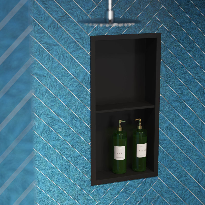 Voltaire 12" x 24" Stainless Steel Double Shelf Wall Niche,  Matte Black