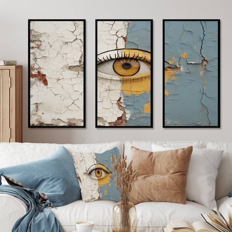 «Yellow and Grey Eye Expression», art mural œil, H 28 po x l 36 po x P 1 po, Cadre flottant noir