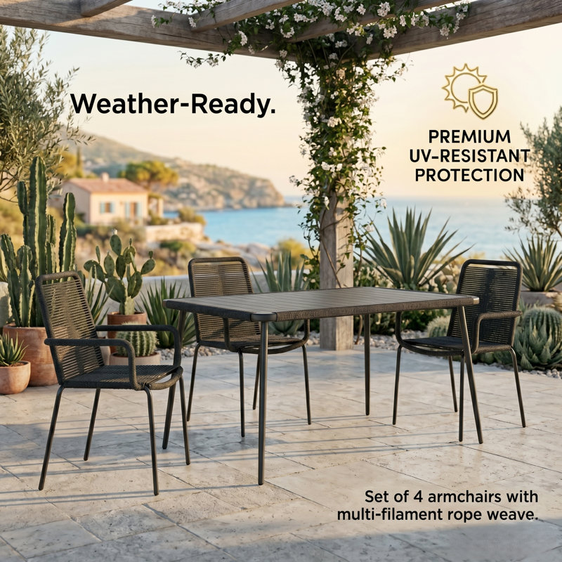 Palaio Outdoor Dining Chairs - Stackable Patio Chairs with Full Rope-Wrapped Armrests - Black Metal, No Assembly, Black