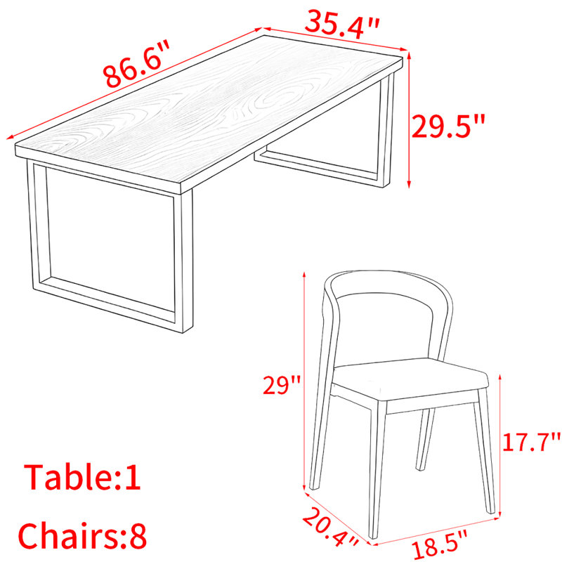 Modern simple black solid wood dining table set, 29.5"H x 86.6"L x 35.4"W