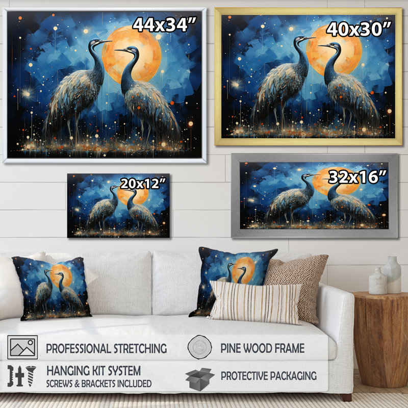 «Moonlight Celestial Wanderers Autruches», reproduction sur toile, Cadre flottant doré, H 12 po x l 20 po x P 1 po