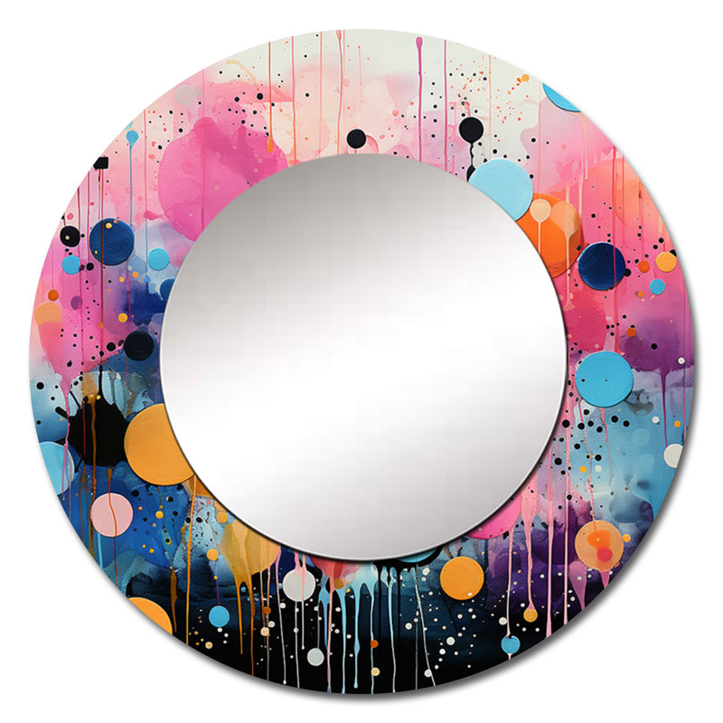 Neon Assemblage I - miroir mural abstrait, miroir décoratif rond rose, impression d'art en métal, 29 po x 29 po