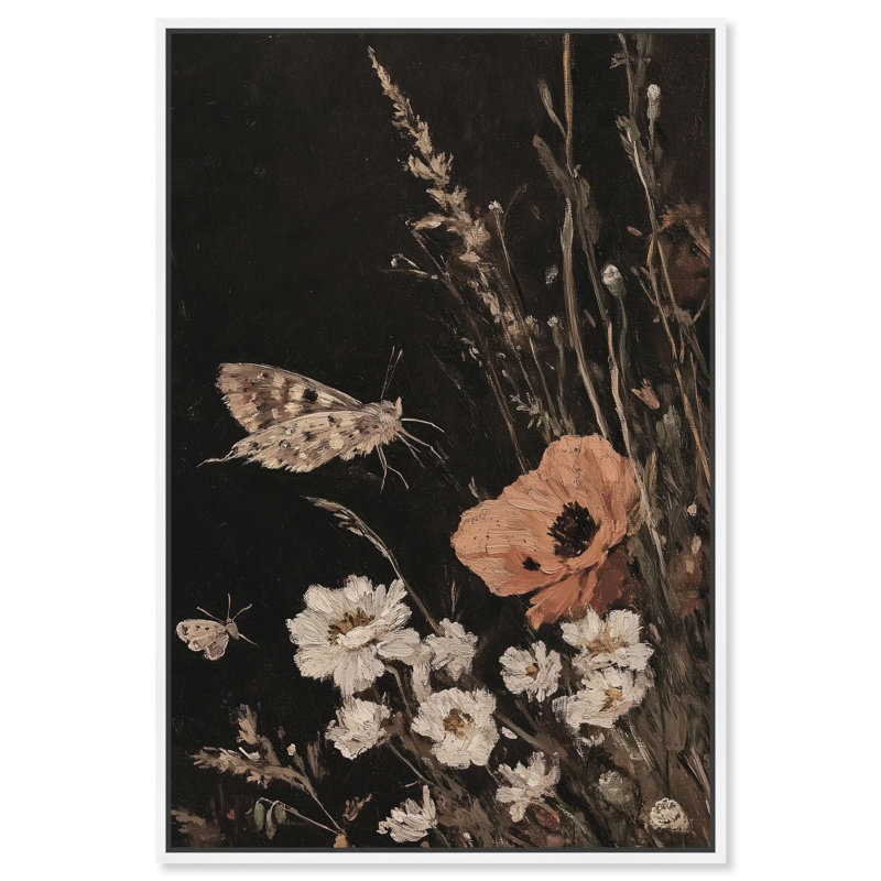 «Poppy and Moth II», décoration botanique sur toile par , Cadre flottant blanc, H 16 po x l 11 po
