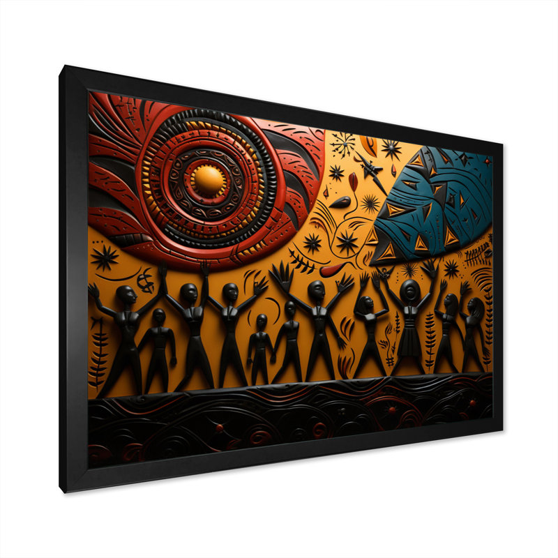 Khobi Tribal africain Rhythms IX - art tribal africain sur toile, Cadre simple noir, H 34 po x l 44 po x P 1,5 po