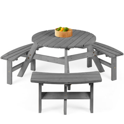  6-Person Circular Outdoor Wooden Picnic Table W/ 3 Built-In Benches, 500Lb Capacity - Gray