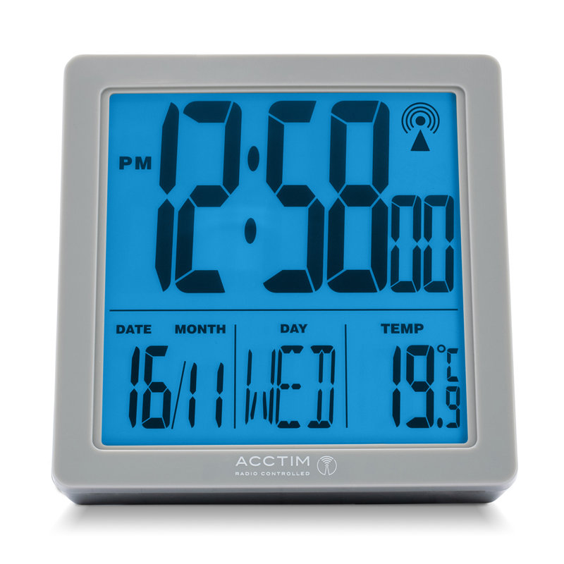 Acctim Varsity Digital Alarm Clock Radio Controlled Crescendo Alarm Date & Temperature Display, Grey