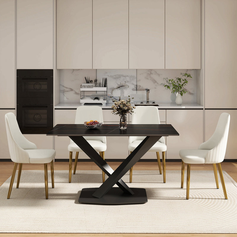 Table de salle à manger 55,12 po Pierre artificielle moderne à rebord droit noir en métal pour 6 personnes, Noir