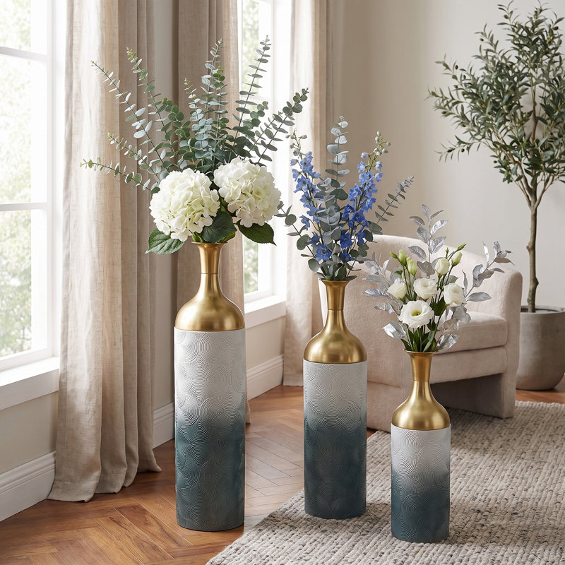 Ensemble de 3 vases de sol en métal texturé ondulé et dégradé, résistants à la rouille, pour fleurs séchées