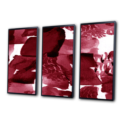 Abstract Burgundy Strokes On White - Modern Framed Canvas Wall Art Set Of 3