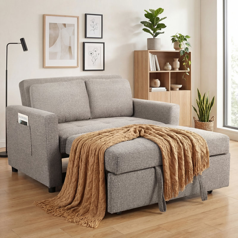 Vadims Upholstered 48.5'' Reclining Sleeper Sofa, Gray Linen