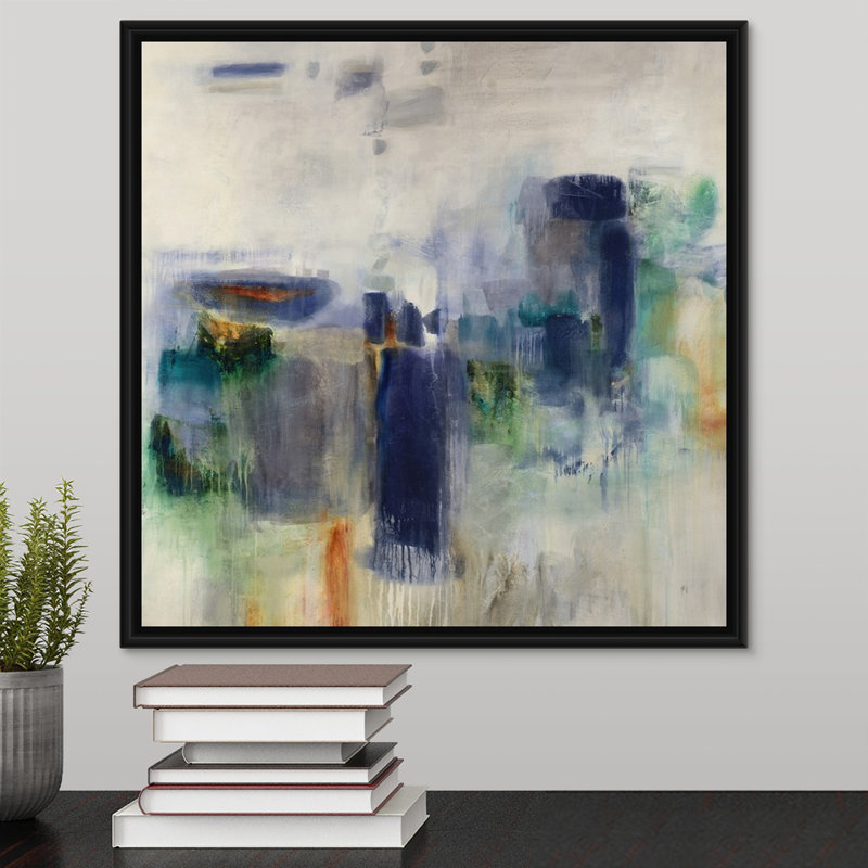 « stacking pierres », peinture sur toile, H 17,7 po x l 17,7 po x P 1,75 po, Cadre flottant noir