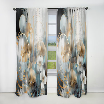 Jaylene - Golden Blue Silky Flower Design I - Traditional Curtain - Velvet Room Darkening - 1 panel