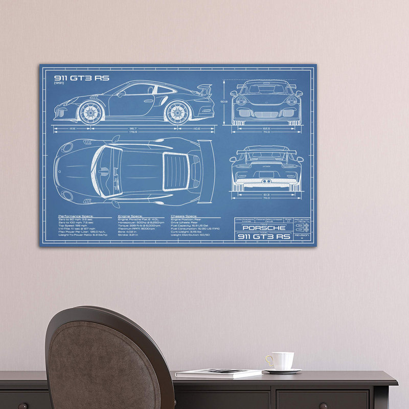 Porsche 911 GT3 RS (991) Blueprint by Action Blueprints - Wrapped Canvas Print, 101.6 cm H x 66.04 cm W x 1.91 cm D