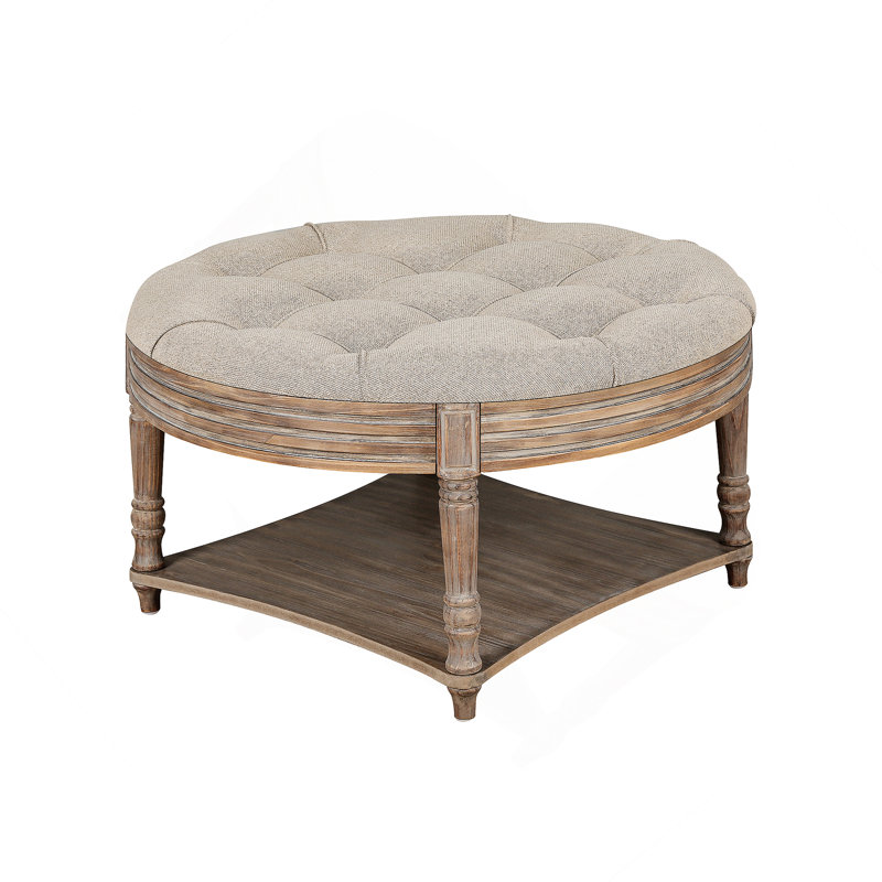Round Tufted Upholstered Fabric Ottoman