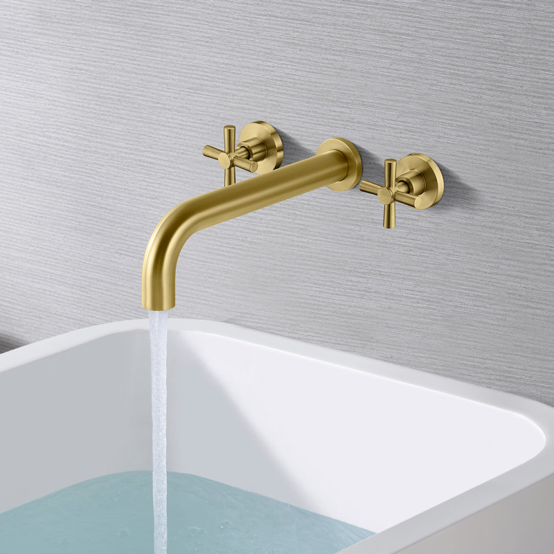 High Flow Rate Extra Long Spout Double Handle Wall Mounted, Brushed Gold, Cross Handle