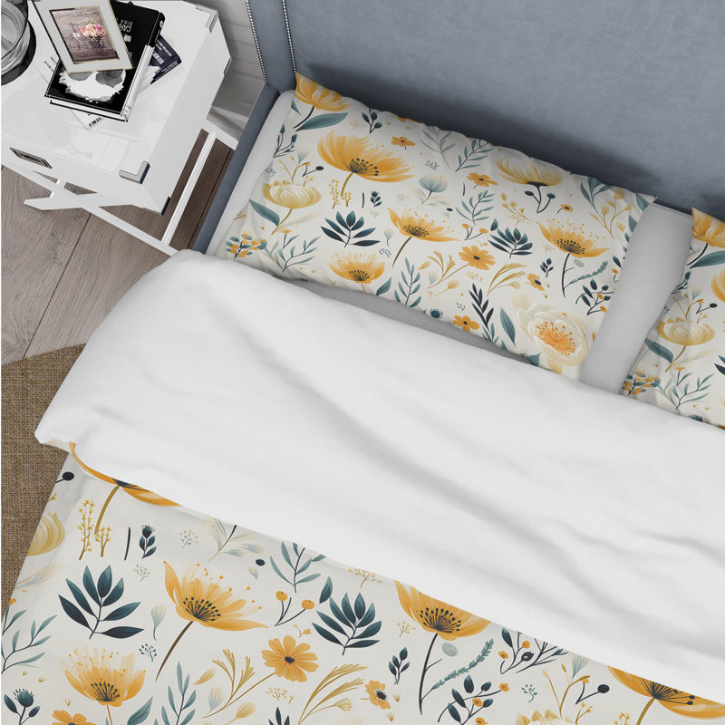 Literie à fleurs jaunes et sereines, Housse de couette pour grand lit et 2 taies décor