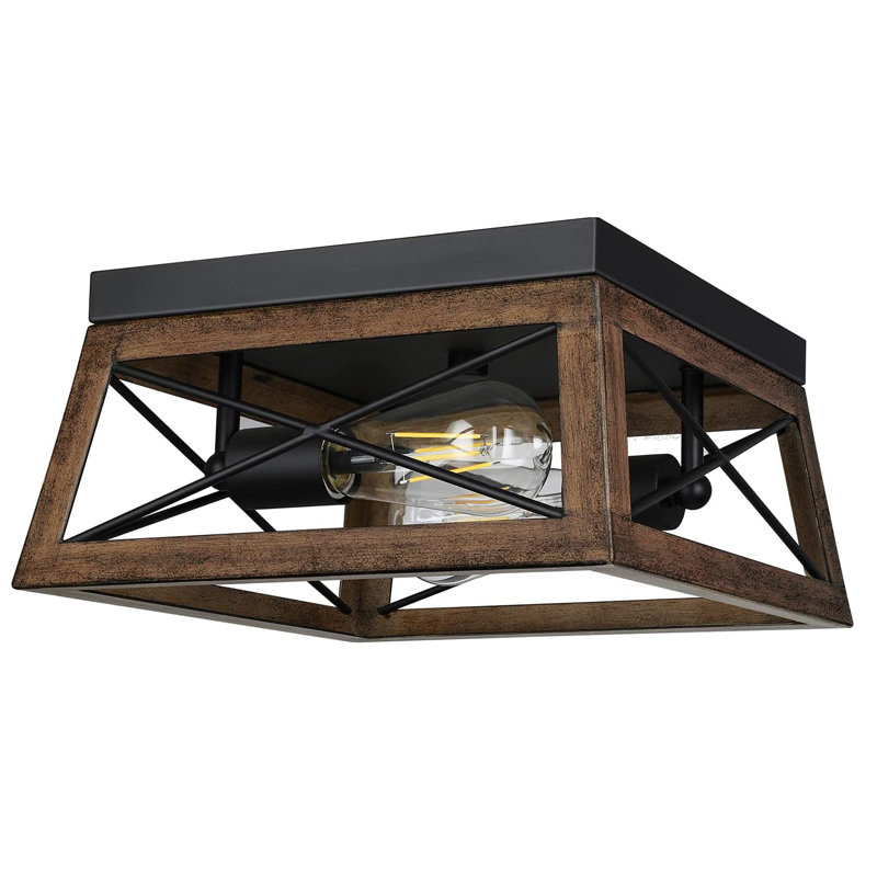 Brown Barnwood 2-Light Caged Flush Mount Ceiling Fixture