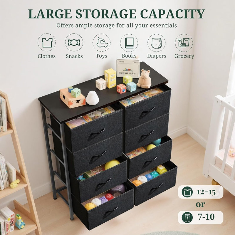 Commode à 8 tiroirs pour chambre à coucher, meuble de rangement haut avec système anti-basculement