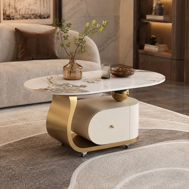 Table basse ovale moderne en pierre frittée de 39,4 po avec tiroir de rangement, base en acier inoxydable et 4 roulettes verrouillables Caston