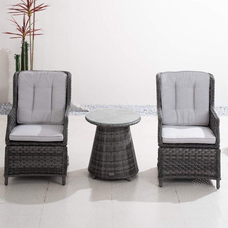 Abrihome Outdoor Bistro Set With Round Pe Wicker Table And Cushioned Chairs, Gray, 2