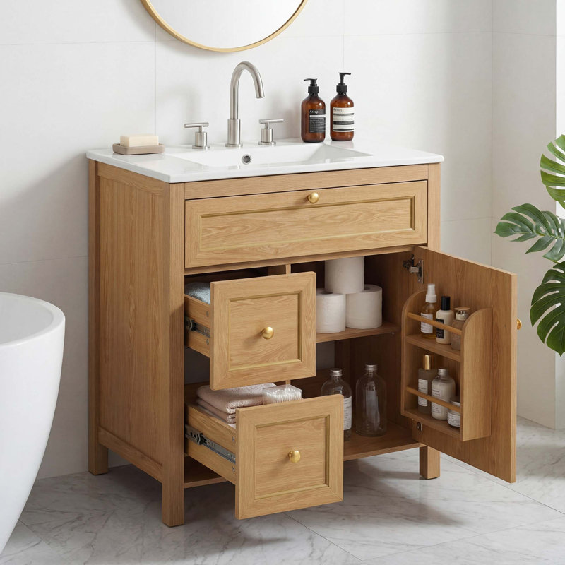 Meuble-lavabo autoportant avec lavabo en céramique intégré et rangement à fermeture en douceur