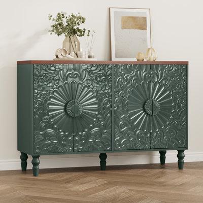 46.5" Wide 4-Door Sideboard Buffet Cabinet with Retro Floral Embossed Design and Wooden Top, Blue