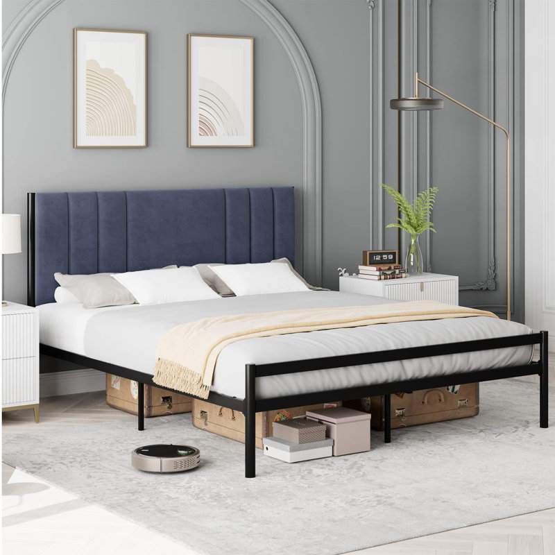 Alsace Upholstered Metal Platform Bed, Queen, Dark Gray